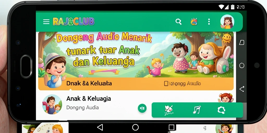 Antarmuka aplikasi RAJACLUB yang ramah anak dengan pilihan dongeng audio.